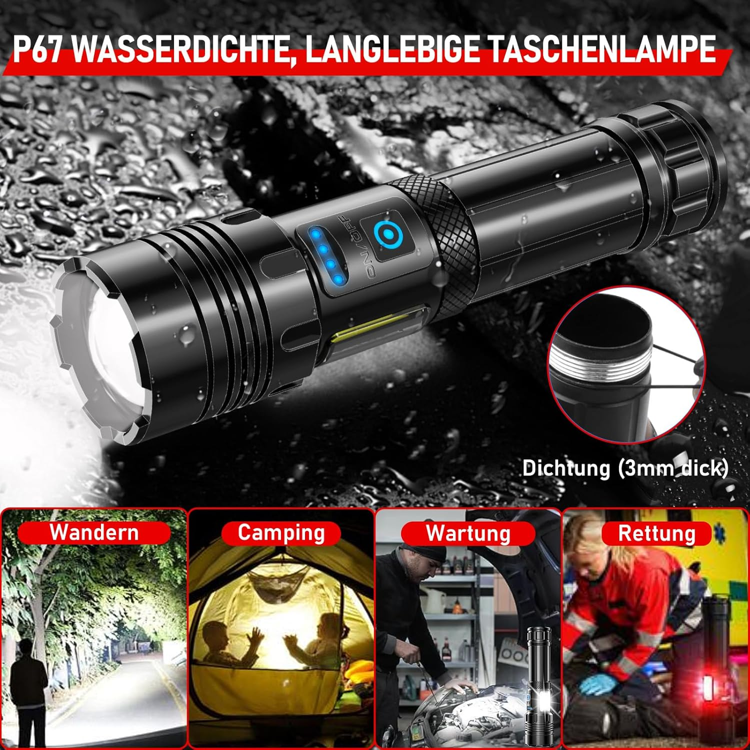 Shadowhawk LED Torch 500,000 Lumens, Extremely Bright Torch USB Rechargeable Tactical Torches with Holster XHP70.2, IP67 Waterproof, 5 Light Modes for Camping, Hiking, Emergencies image number 5