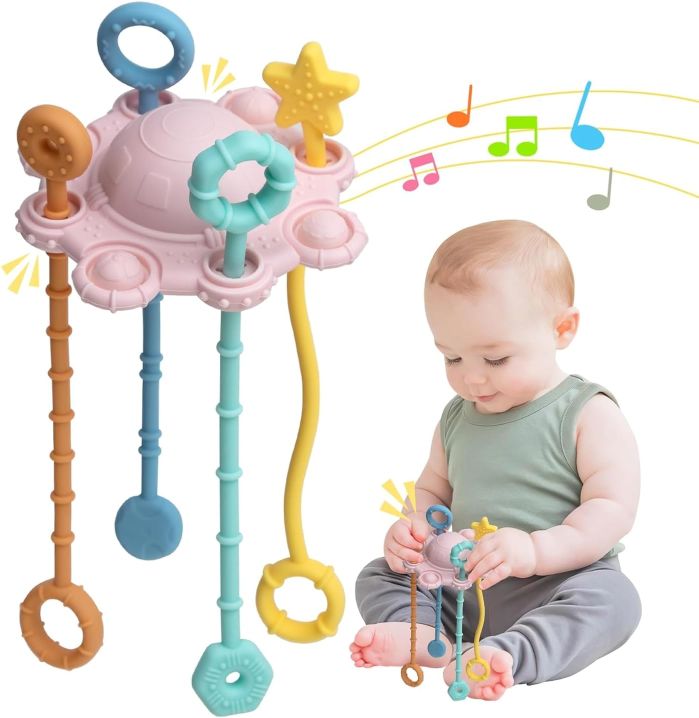 Montessori Toys for Baby, Food Grade Silicone Pull String Activitys for Infant, Travel Sensory Toys for Toddlers, Fine Motor Skills Toy for Girl Boy Gift-Pink