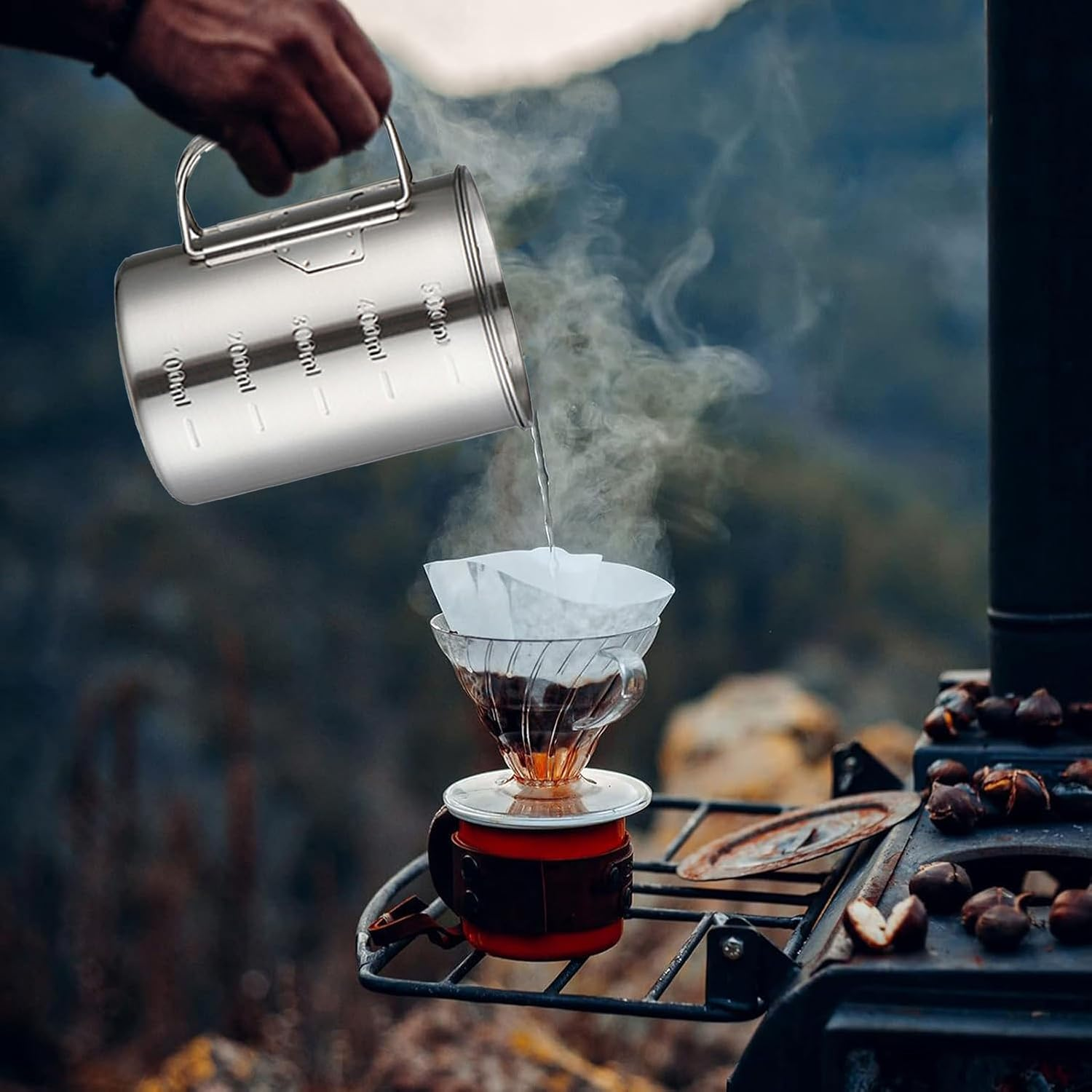 Glomora Stainless Steel Camping Mug, Stainless Steel Camping Cup Pot, Outdoor Mug with Folding Handle, Lid Scale - Ideal for Camping, Hiking, Backpacking (500 Ml) image number 1