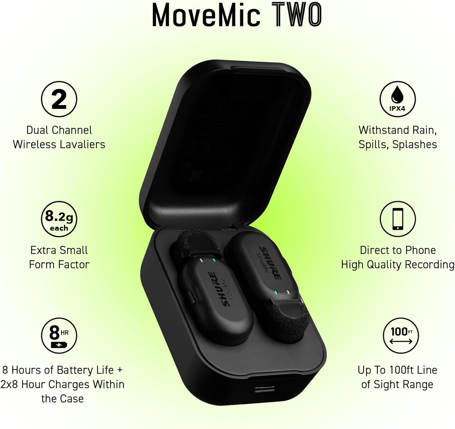 Shure Movemic Two - Pro Direct Phone Wireless Lavalier Microphone for Iphone & Android, Bluetooth Mini Mic, 24 Hours Charge, Quick Set Up, IPX4, Compact and Portable Clip Lav (Mv-Two-Z6) image number 2