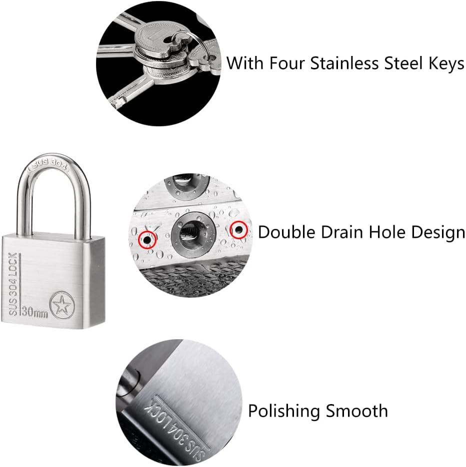 304 Stainless Steel Keyed Padlock 30 Mm Padlocks Heavy Duty Lock with 4 Keys, Indoor Outdoor Security Locks for School and Gym Locker, Sheds, Fence, Backpack, Storage Cabinets [Short Shackle] image number 3
