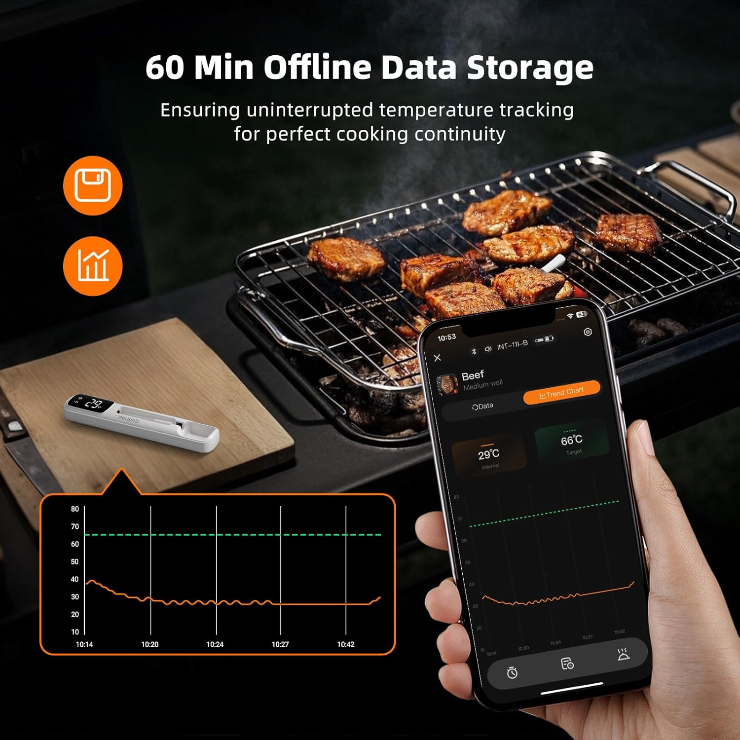 INKBIRD Mini Wireless Meat Thermometer INT-11I-B Bluetooth 5.4 BBQ Food Probe IP67 Waterproof LED Display for BBQ Grill Oven Smoker Outdoor Camping Kitchen