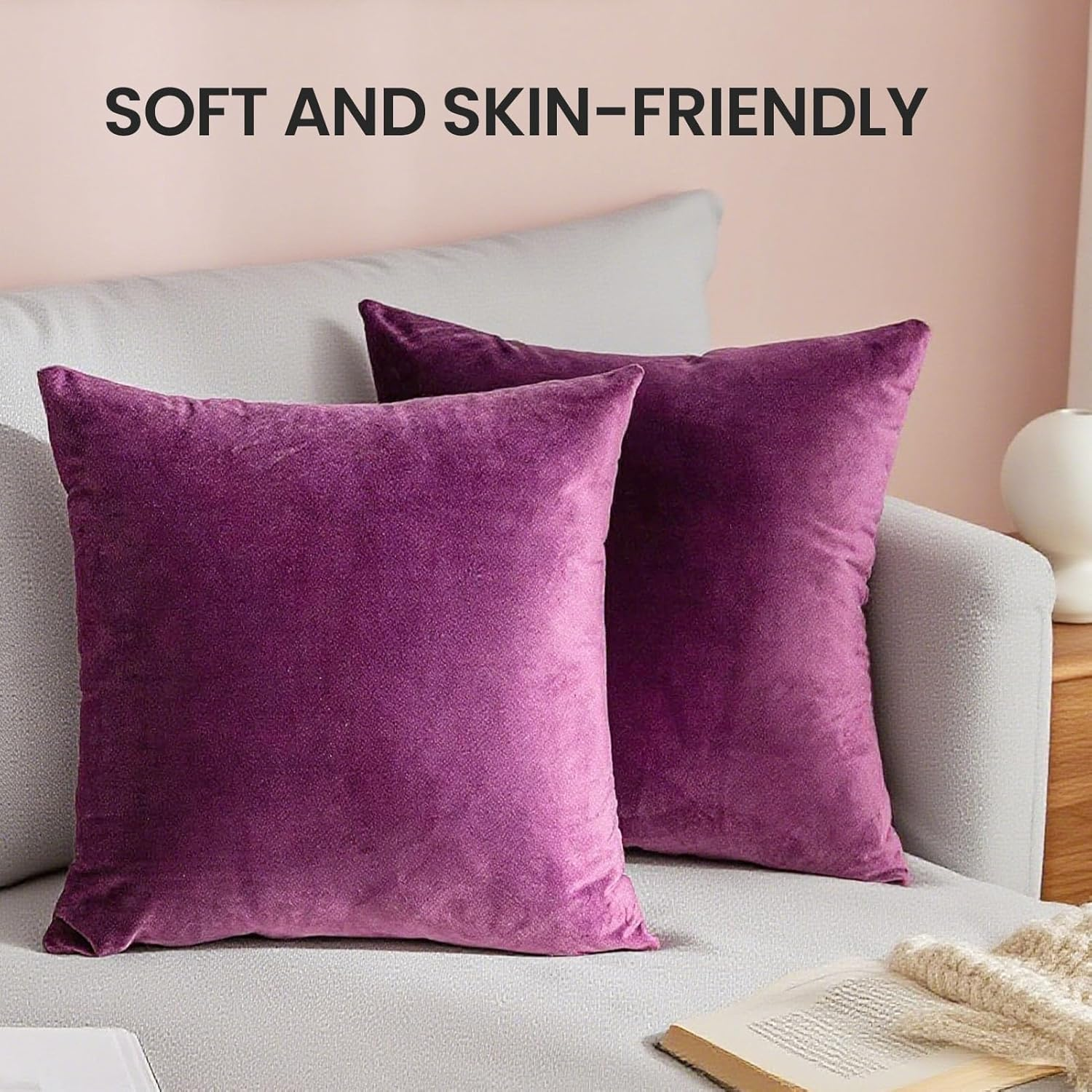 Velvet Decorative Throw Pillow Covers Set of 2 Soft Thick Cushion Cases for Sofa Bedroom Home Car(18X18 Inches,Purple) image number 1