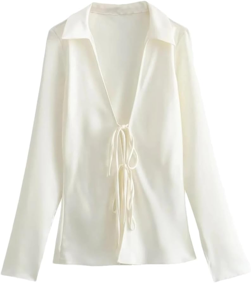 Women'S Satin Lapel Blouses Long Sleeve Bow Lace-Up Shirt Casual Slim V-Neck Tops Streetwear