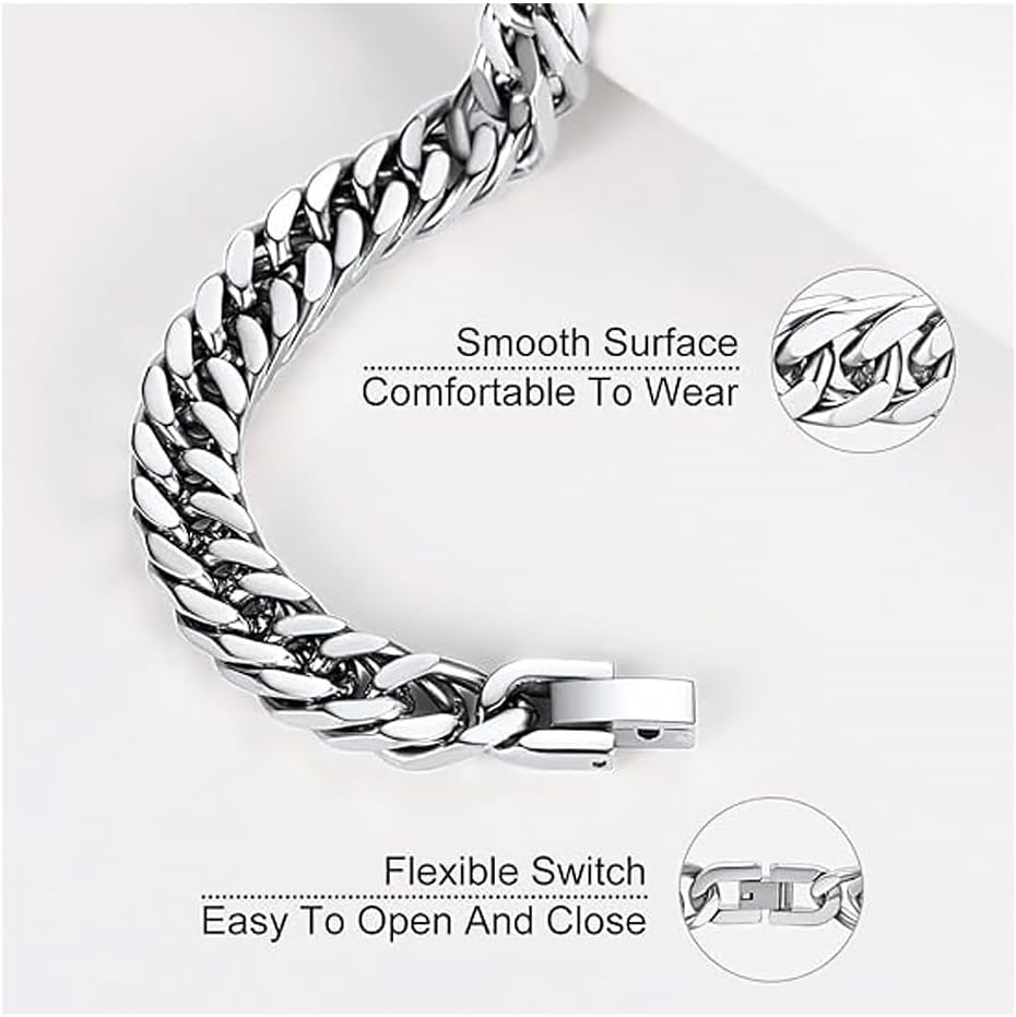 Bracelets for Men, Mens Jewelry with Gift Box Stainless Steel Simple Cuban Chunk Link Silver Bracelet for Men and Boys - 21Cm image number 4