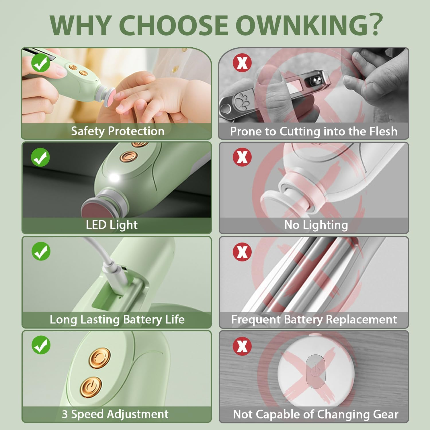 Baby Nail Trimmer, Baby Nail File Electric with Safety Protection, Gentle Nail Trimmer Care Kit with LED Light, Baby Nail Clipper Electric Rechargeable with 7 Replacement Heads, Green - Green image number 3