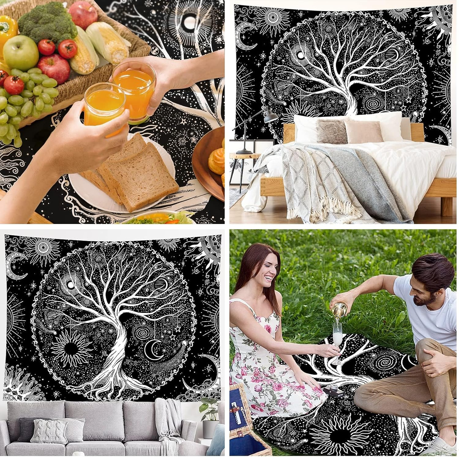 Tapestry Wall Hanging, Black and White Tree of Life Tapestries Moon Phases Tapestry for Living Room Bedspread Room Bedroom (L/150 X 200 Cm) image number 5