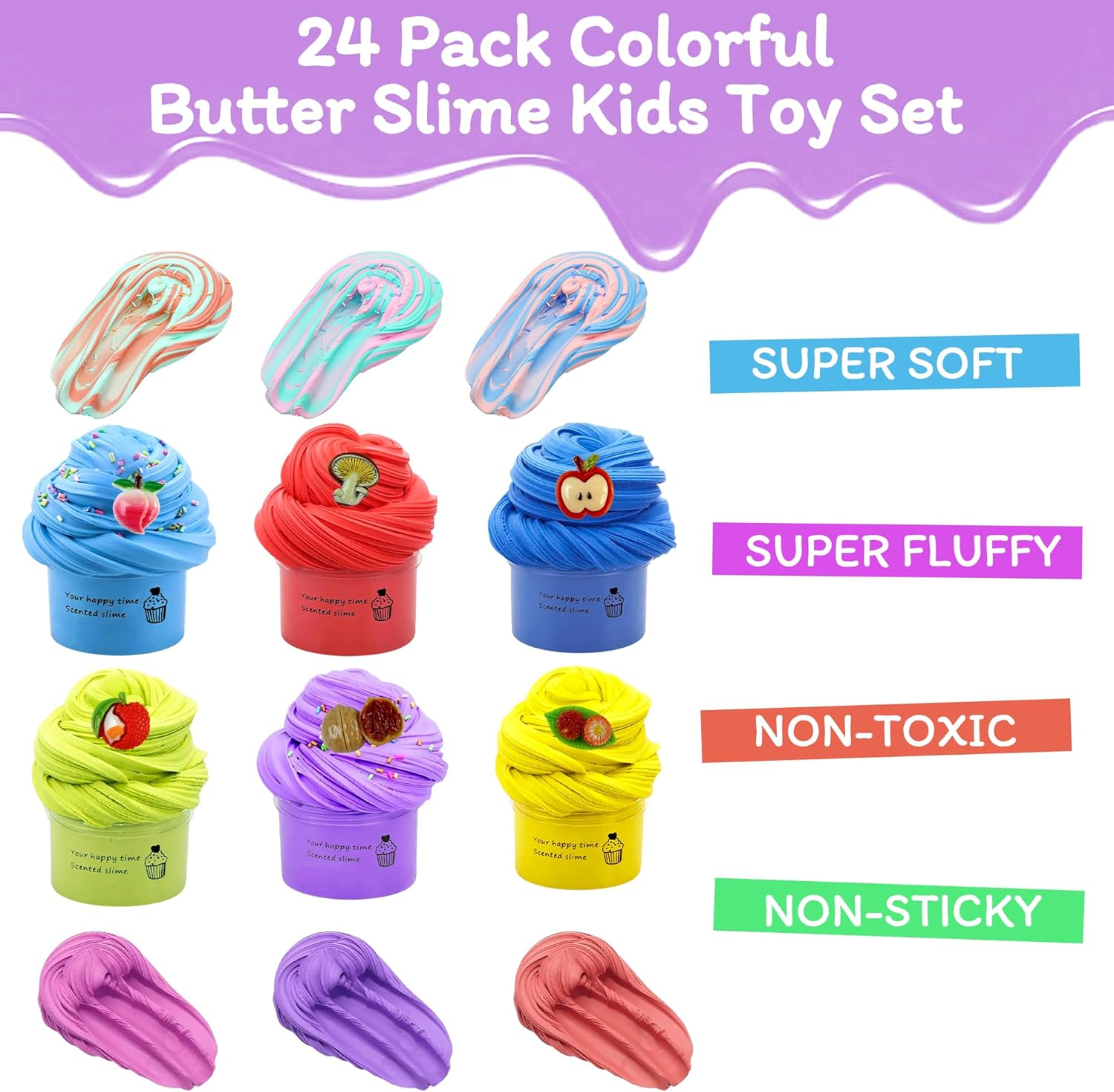 24 Pack Butter Slime Kits for Kids, Scented Non-Sticky Colorful Cloud Slime Toys, Art Crafts Soft Slime with Various Add-Ins for Girls Boys, Birthday Xmas Party Favours Gifts Stress Relief Toy image number 6