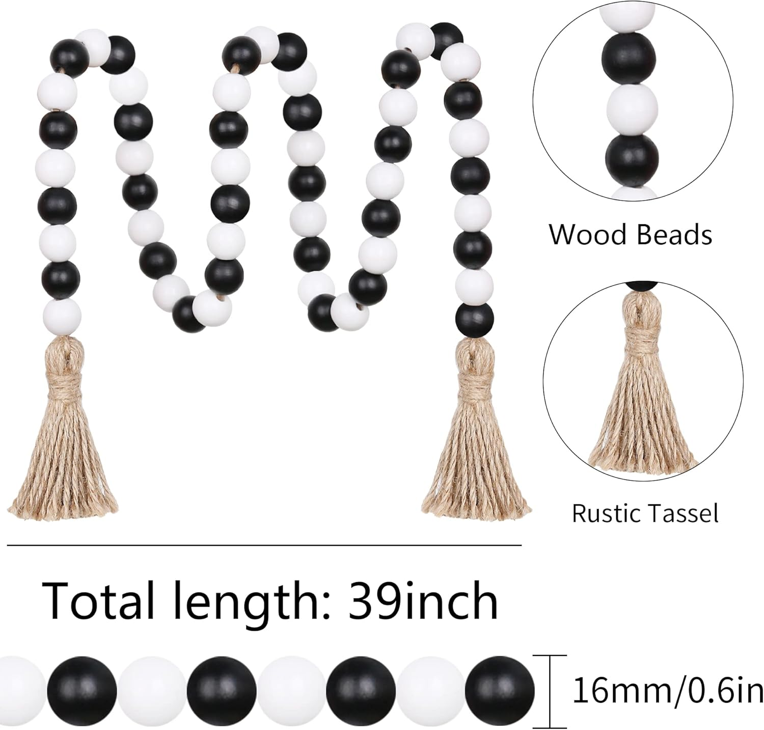 Meplait Wood Bead Garland - 39In Farmhouse Beads with Tassels for Tiered Tray Decor - Black & White - Christmas image number 3