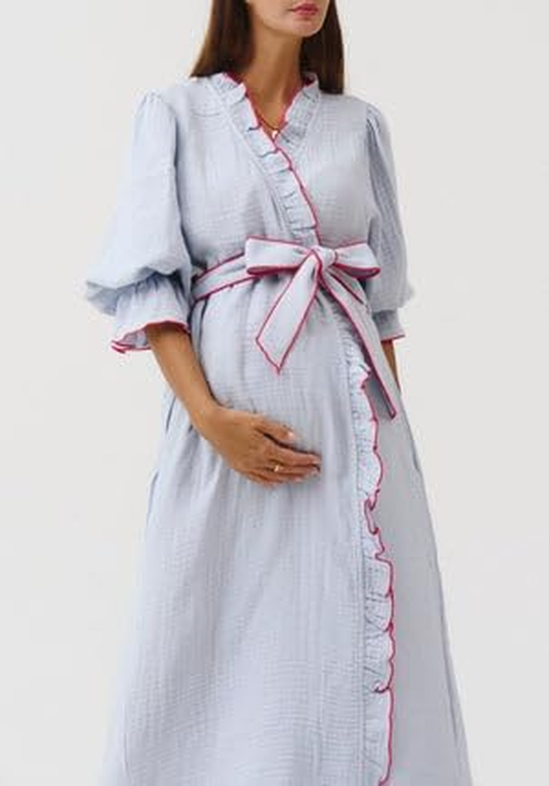 NOTHING FITS but Muslin Gauze Maternity Robe for Hospital, Nursing Nightgown Puffed Sleeves Modal & Cotton Delivery Gown image number 2