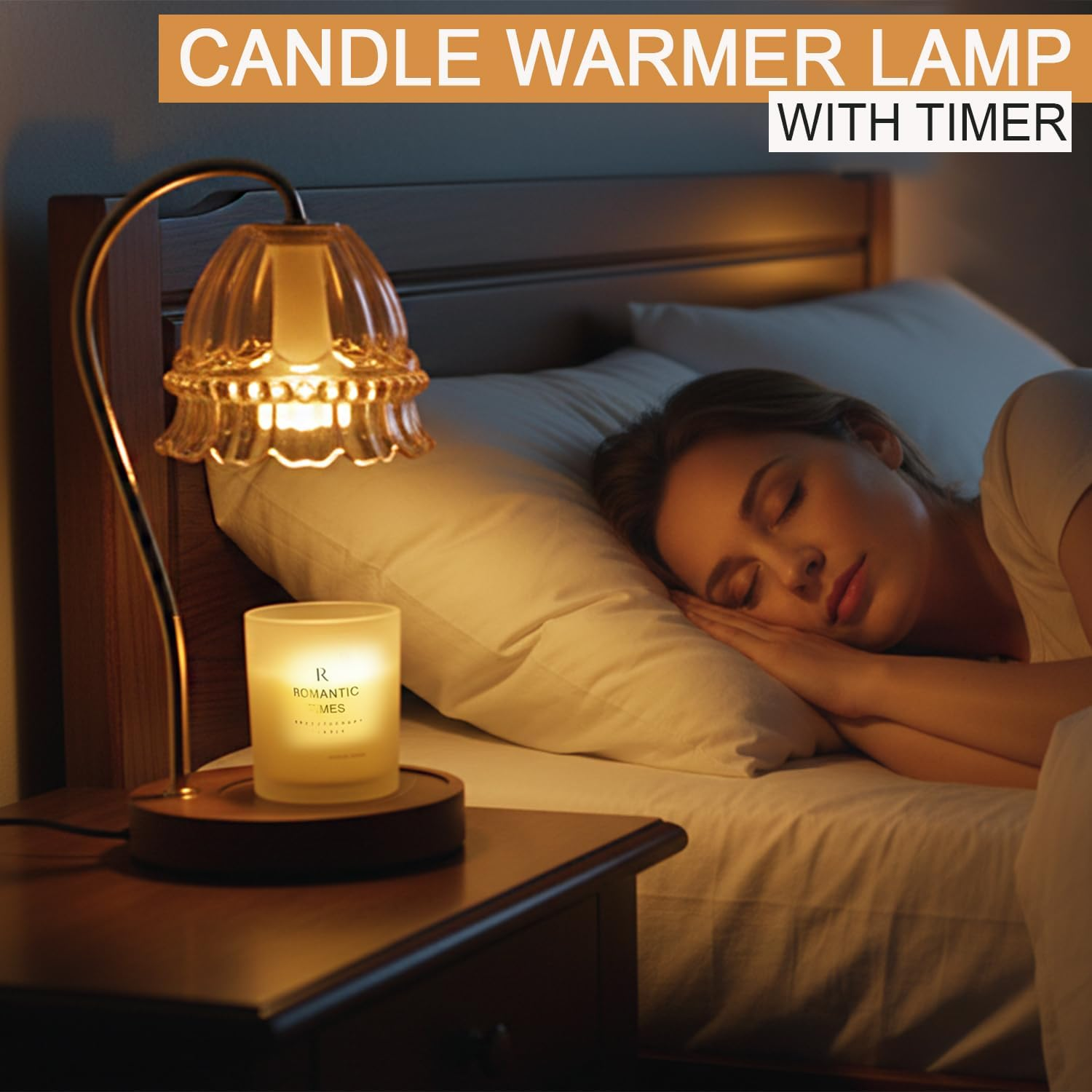 Vintage Candle Warmer - Aromatherapy Lamp with Timer | 4-Level Dimming and Infinite Dimming | Glass Shade | Wooden Base | Includes Two 50W G10 Halogen Bulbs | Elegant Home Decor (Yellow) - Yellow image number 6