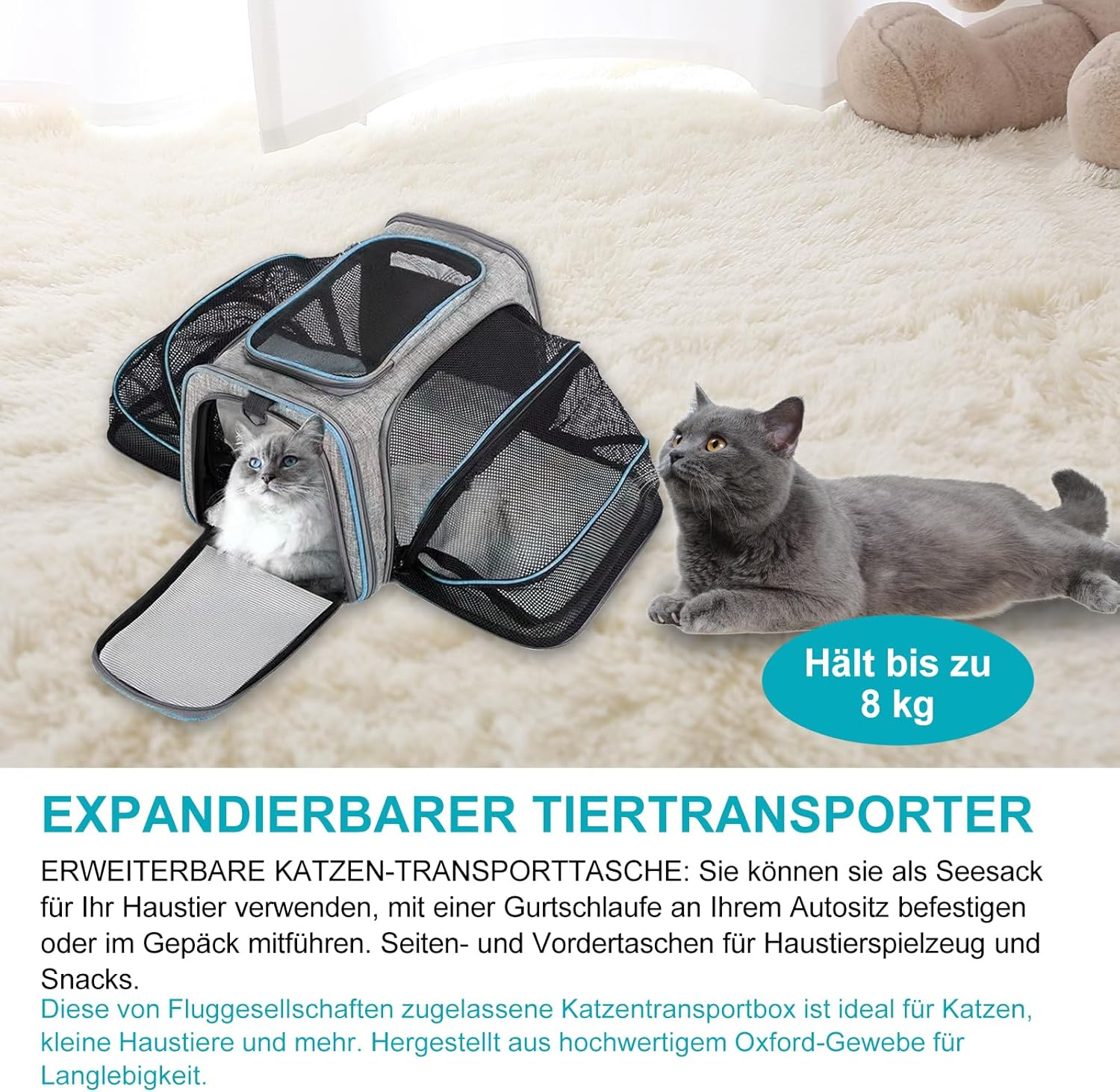 Cat and Dog Transport Bag, Expandable Transport Box, Foldable Carry Bag for Cats, Small Dogs, Cats, Dog Bag, Pet Bag in the Car, Vehicle or Train (Grey + Blue) image number 4