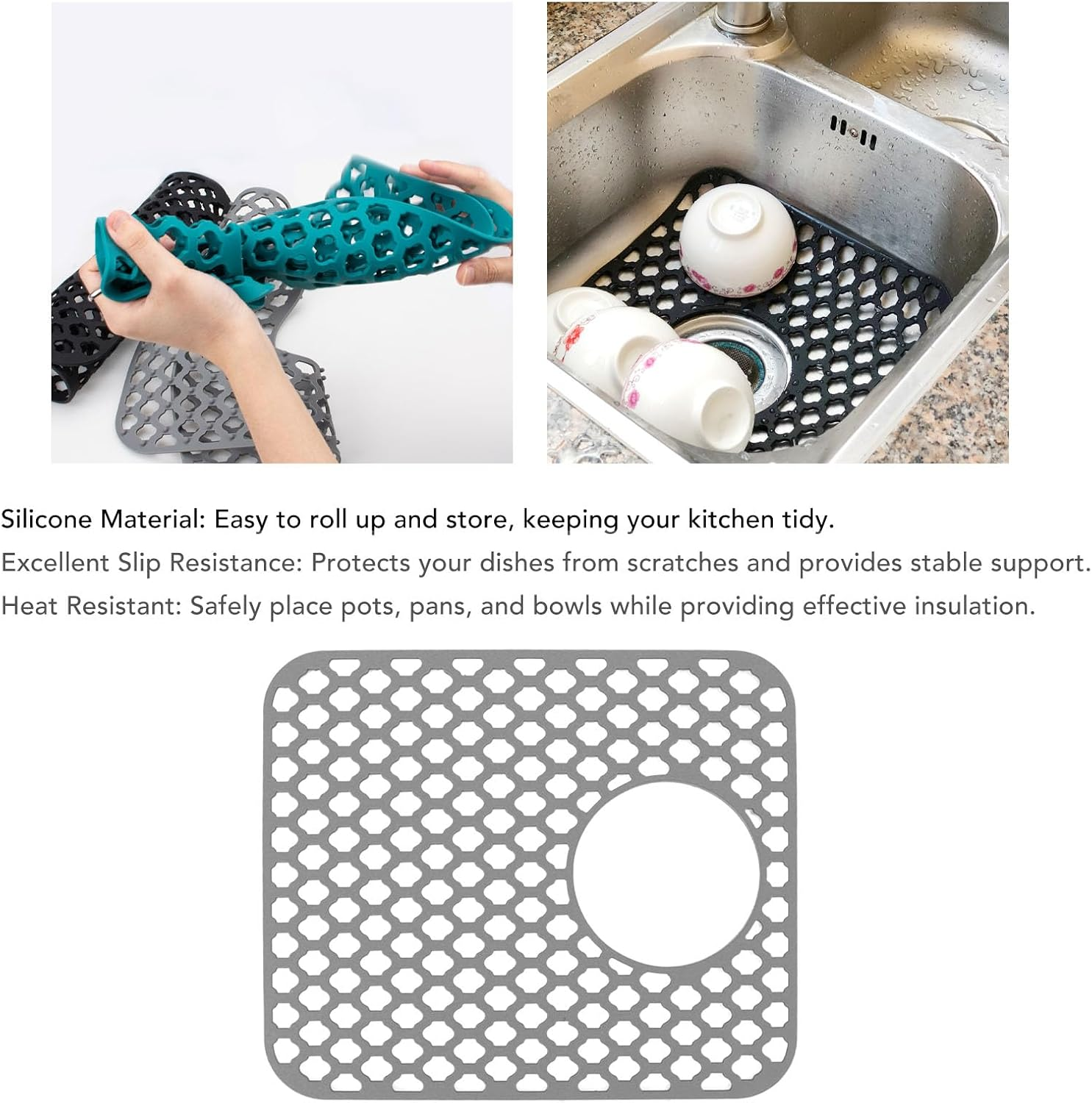 Silicone Sink Mat, 13.6 X 11.6 Kitchen Sink Protector Grid, Non Slip Sink Mats with 4.7 Rear Drain, Heat Resistant for Bottom of Farmhouse Stainless Steel Porcelain Sink (Grey) - Grey image number 5