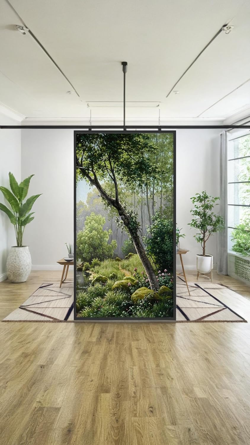 Honwor Forest Creek Landscape Oil Painting Window Film - Privacy, Decorative Static Cling Window Stickers, No Glue Window Coverings, Window Tint - Size: 60X120Cm image number 2