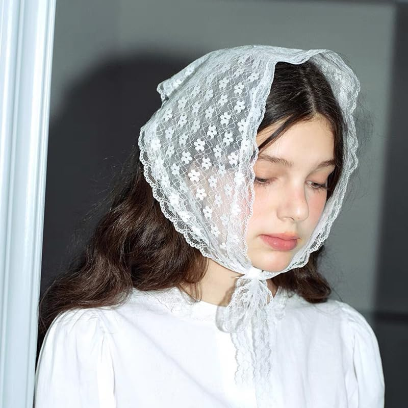 Lace Head Scarf for Women Girls Boho Flower Bandana Headband White Triangle Hair Scarfs Head Warp Lace Silk Headscarf Vintage Knit Hair Scarf for Short Long Hair Accessories image number 1