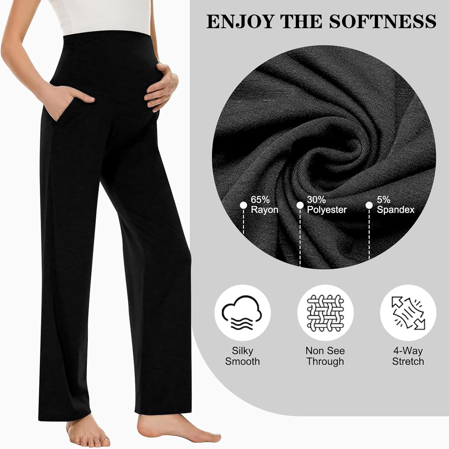 Women Maternity Pants High Waisted Soft Stretchy Pregnancy Wide Leg Trousers Comfortable over Bump Work & Lounge Pants with Pockets image number 3