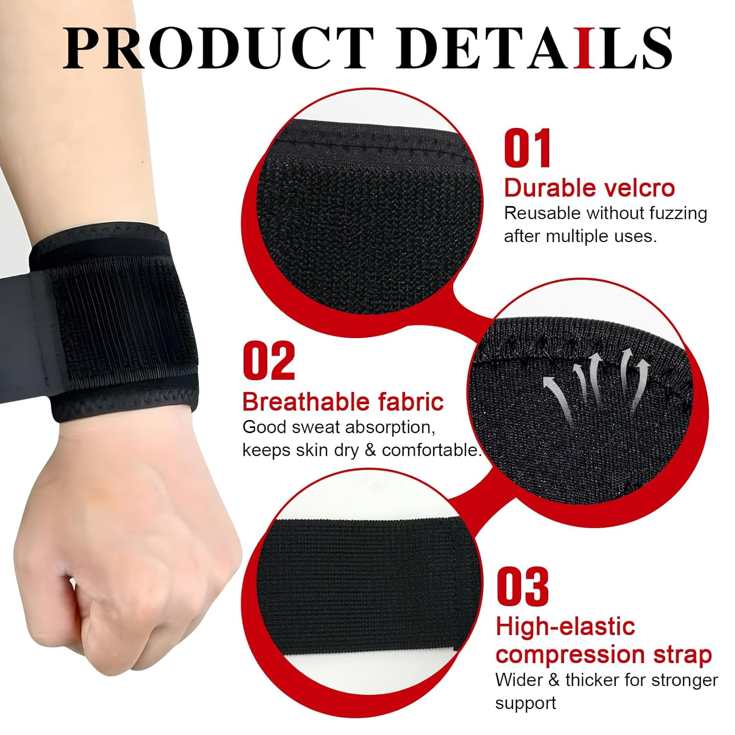 2 Pcs Wrist Wraps, Adjustable Compression Wrist Brace Support for Gym, Weightlifting, Fitness & Sports, Lightweight Wrist Straps for Carpal Tunnel Pain Relief, Men & Women (Black) image number 3