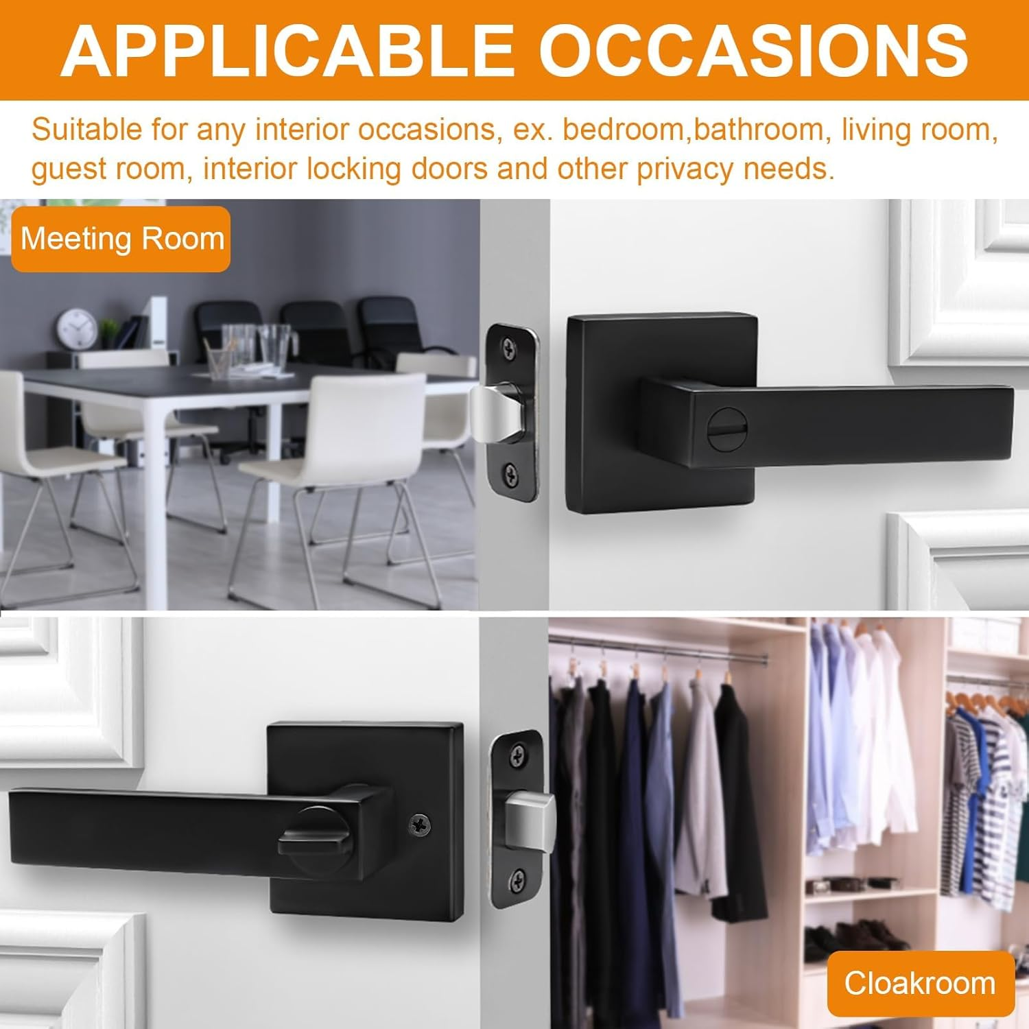 8 Pack Matte Black Door Handles Privacy Door Levers, Keyless Interior Door Knobs Square Door Levers Heavy Duty Door Locks for Bedroom Bathroom, Reversible Flat Levers image number 3