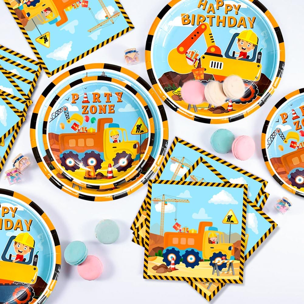 80Pcs Construction Party Supplies Tableware Set-Construction Birthday Party Plates Cups Napkins Tablecloth Banner Etc Construction Party Tableware for Dump Truck Excavator Construction Theme Party image number 3