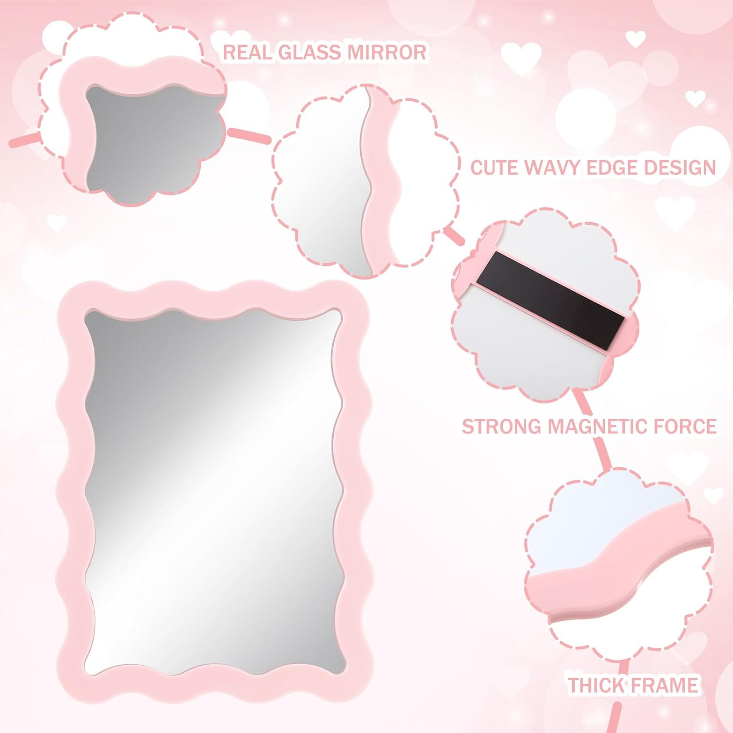 Leinuosen Scalloped Magnetic Locker Mirror 5''X7'' Small Real Glass Makeup Mirror with Magnetic Backing Cute Locker Decorations for Office Cabinet Lockers Accessories(Light Pink) - Blue image number 2