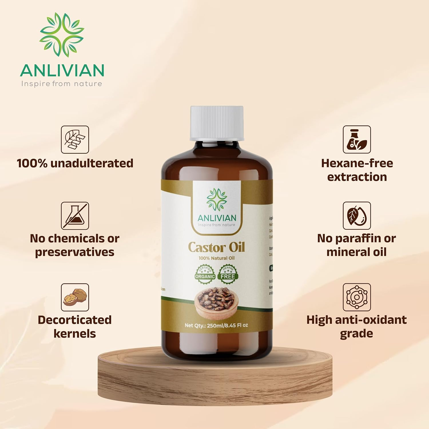 Anlivian Castor Oil 100% Pure | Organic Hexane-Free | 250Ml Glass Bottle | Hair Growth, Eyebrows, Eyelashes & Skin Care | Moisturizer for Dry Skin | Natural & Cold-Pressed