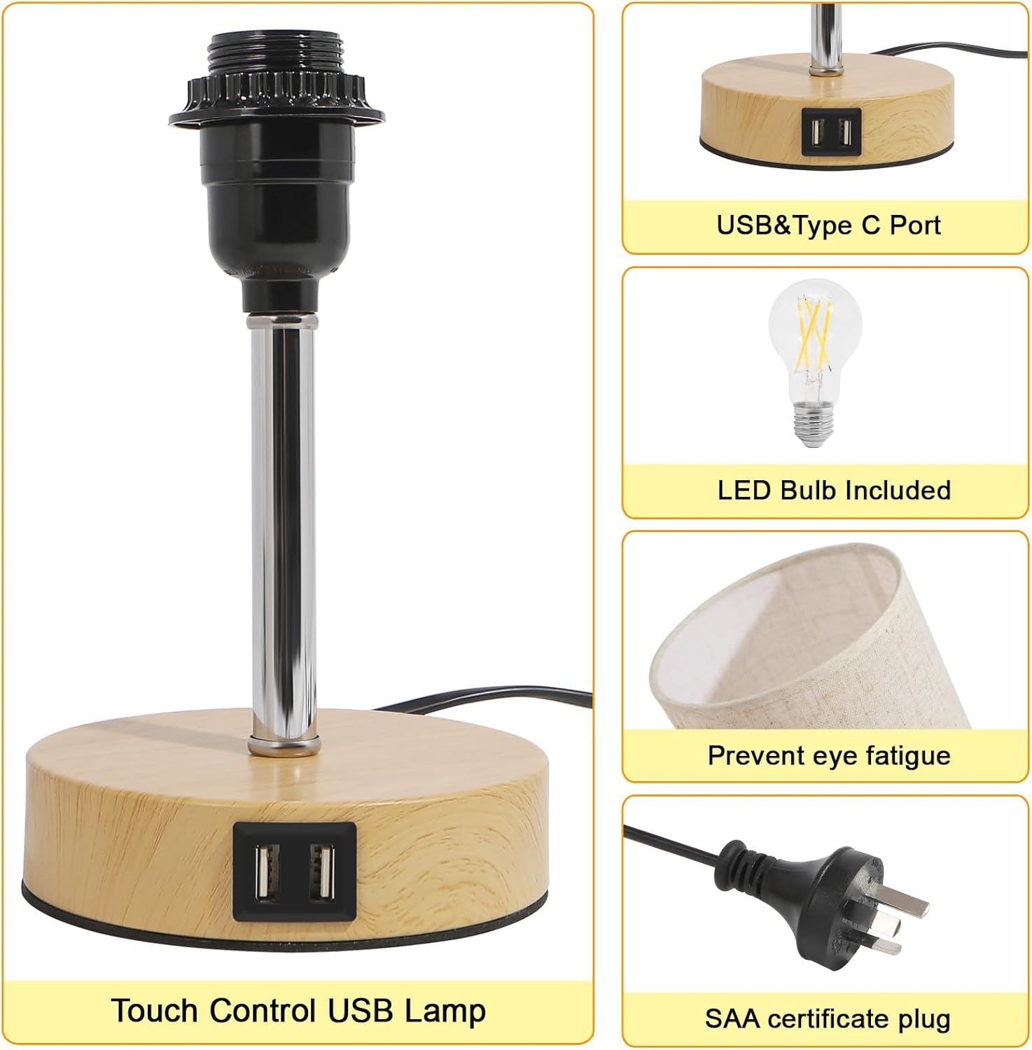 Bedside Table Lamp for Bedroom 3 Way Dimmable Touch Desk Lamp USB Charging Ports Small Lamp Wood Base round Flaxen Fabric Shade for Living Room, Desk, LED Bulb Included image number 4