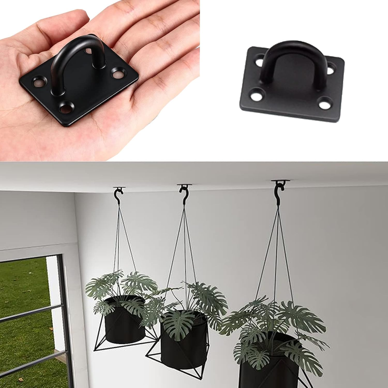 Ymaiss 6 Packs Square Stainless Steel Pad Eye Plate Hooks Strong Eye Plate U Hook Heavy Duty Ceiling Hooks Screw in U Hook Staple Hook Loop for Indoor and Outdoor Swing Suspension Black image number 5