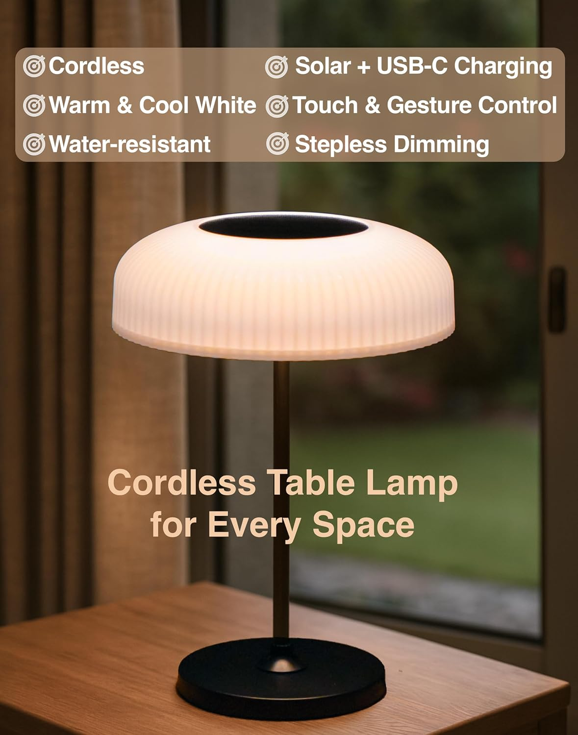 Orihome&reg; Cordless Table Lamp, Solar & USB-C Charging, IP44 Water-Resistant Dimmable Warm/Cool Light, Touch & Gesture Control, Portable Indoor Outdoor Lamp for Bedroom, Bathroom, Patio, Spa Area image number 5
