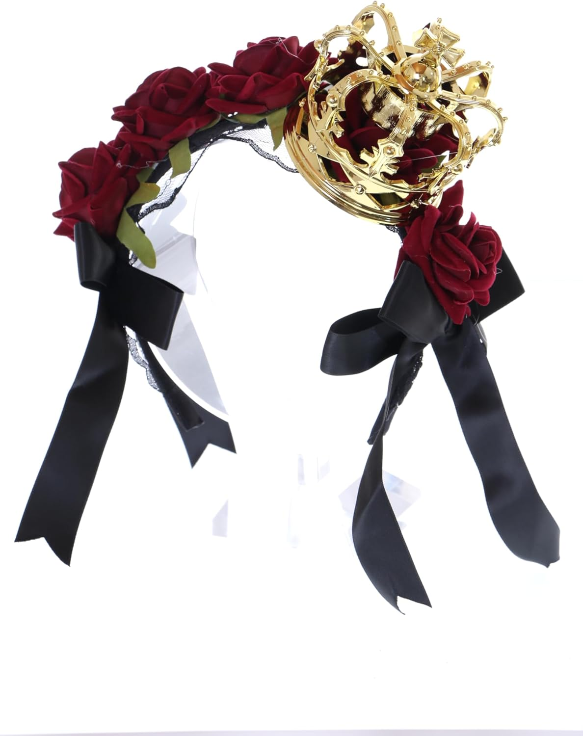 C-104-2 Gold Crown with Roses Red Lace Bow Ruffle Gothic Lolita Headband Party Celebration Hair Accessories Head Accessory