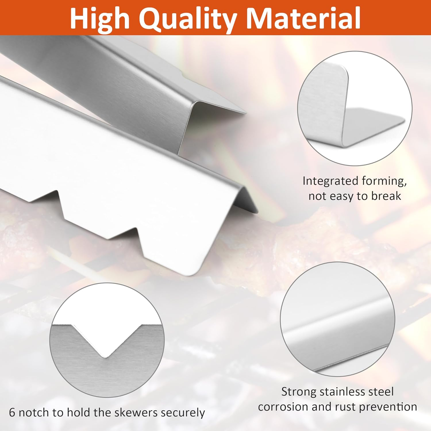 Akamino 4 Pack Kabob Skewers Rack, 430 Stainless Steel Shish Kabob Holder with 6 Notch, 11..8" Long Universal Barbecue BBQ Skewers Rack for Grilling image number 2