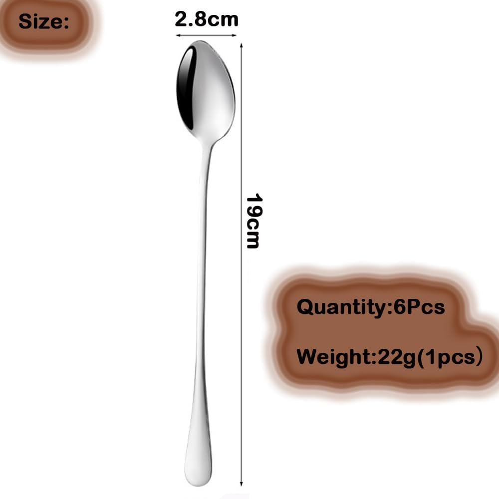 Coffee Spoons, Stirring Spoons, Tea Spoons Long Handle，Ice Cream Spoon, Stainless Steel Cocktail Stirring Spoonsfor Iced Coffee Iced Tea Milk Shake Ice Cream Sundeas Cool Drinking 6 Pack 7.5 Inches image number 3