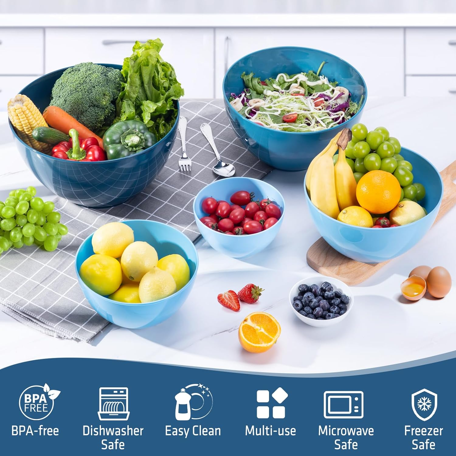 LUXEAR 14 Pcs Mixing Bowls with Lids, Plastic Nested Bowl Set Includes 6 Prep Bowls, 6 Lids, 2 Cooking Spoons(Can Convert into Tongs), Microwave Dishwasher Safe for Mixing Serving Baking Storing image number 2