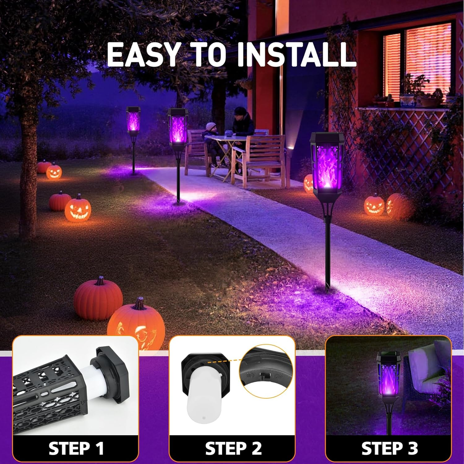 Solar Torch Flame Lights, LED Solar Lights Outdoor with Flickering Flame, IP65 Waterproof Solar Pathway Light Landscape Decoration Lighting for Garden Lawn Patio Yard Outdoor (Black+Purple, 6) image number 2