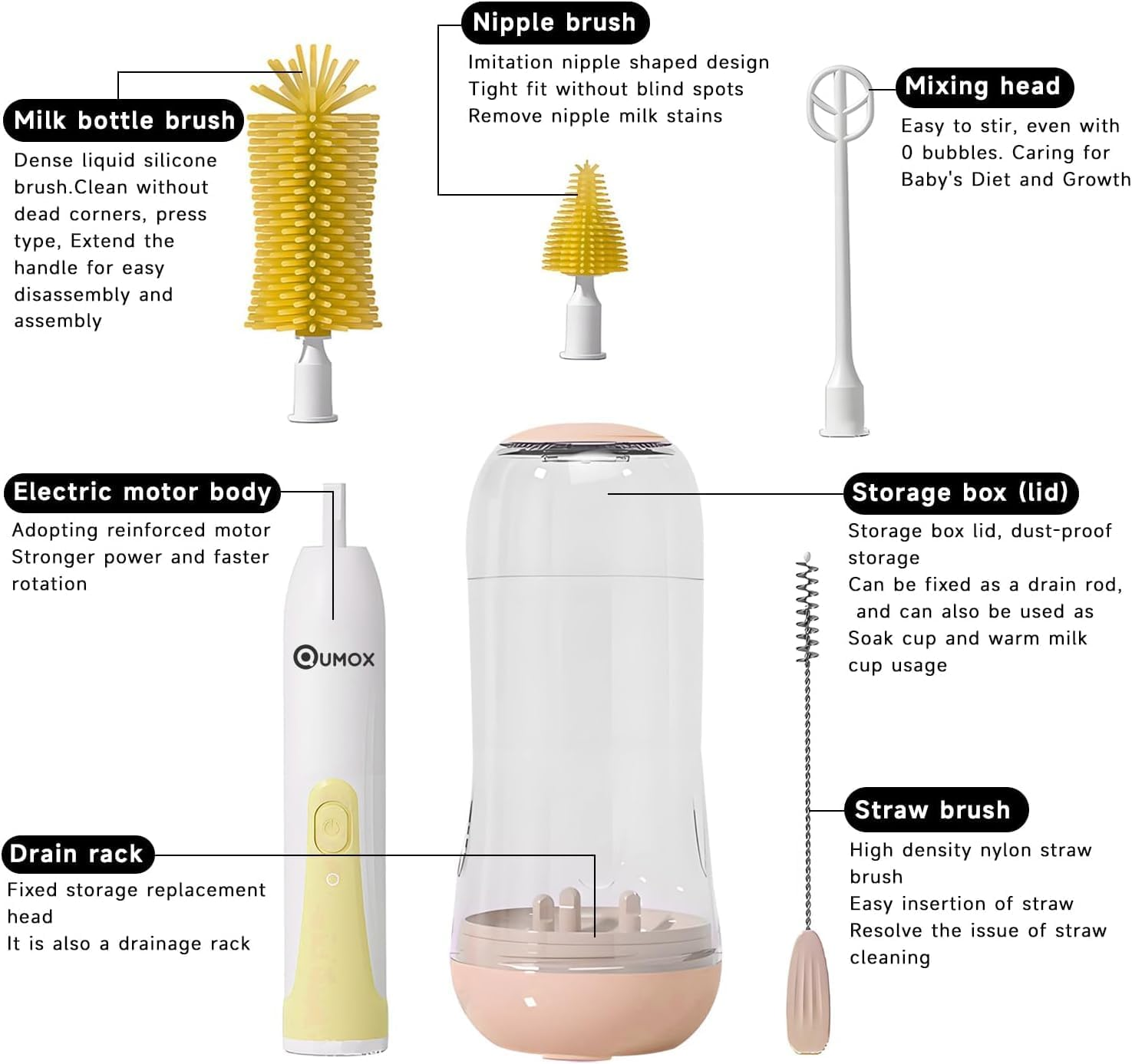 QUMOX Electric Baby Bottle Brush Set, 6-In-1 Rechargeable Cleaning Kit with Storage Case &ndash; Portable USB Charging Bottle Cleaner with Multiple Brush Heads for Bottles, Cups and Straws (Yellow) image number 4