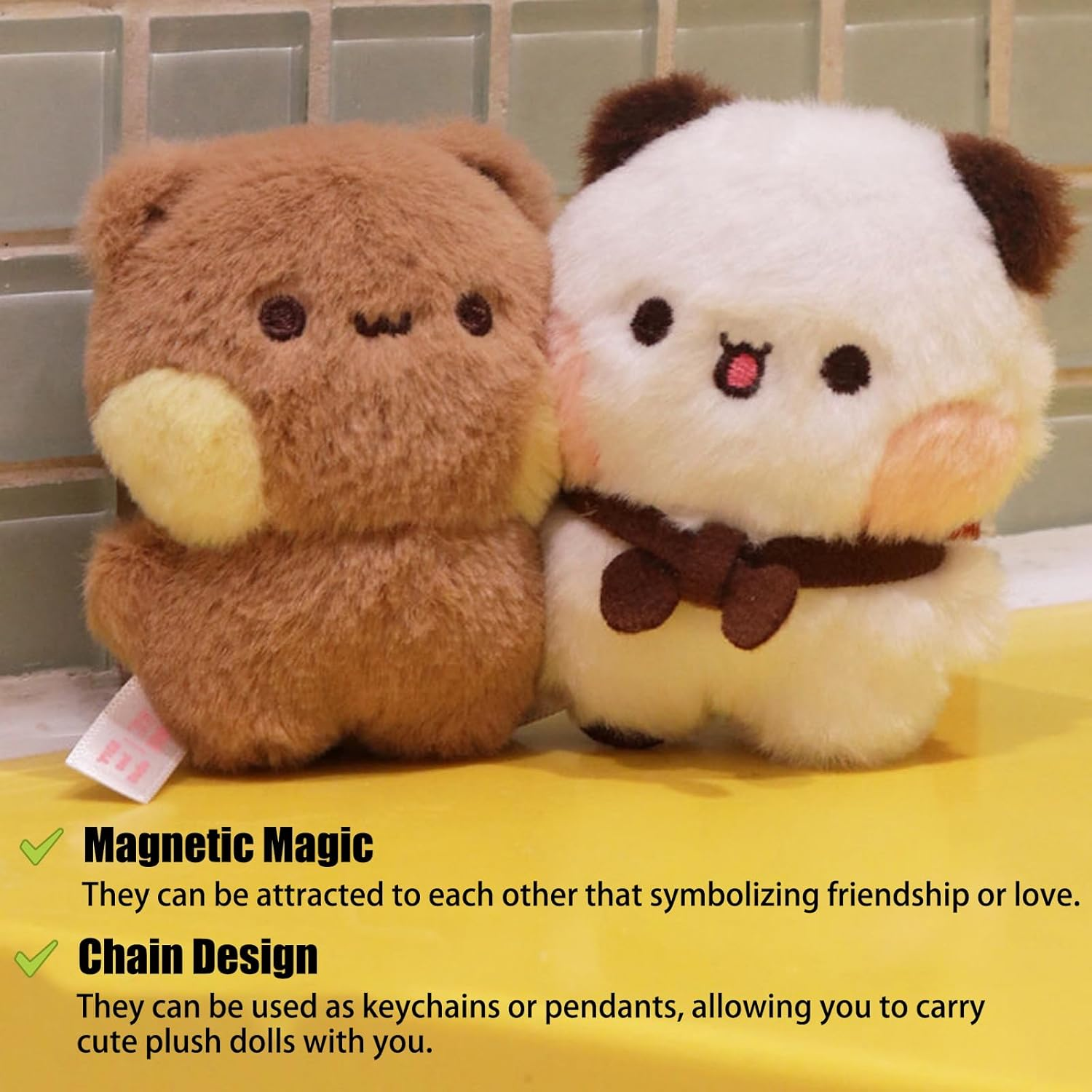2 Pcs Bubu and Dudu Bears Magnetic Stuffed Animals with Chains Decorations, Cute Cartoon Figurine Keychain Decor for Backpacks, Desks, Home image number 1
