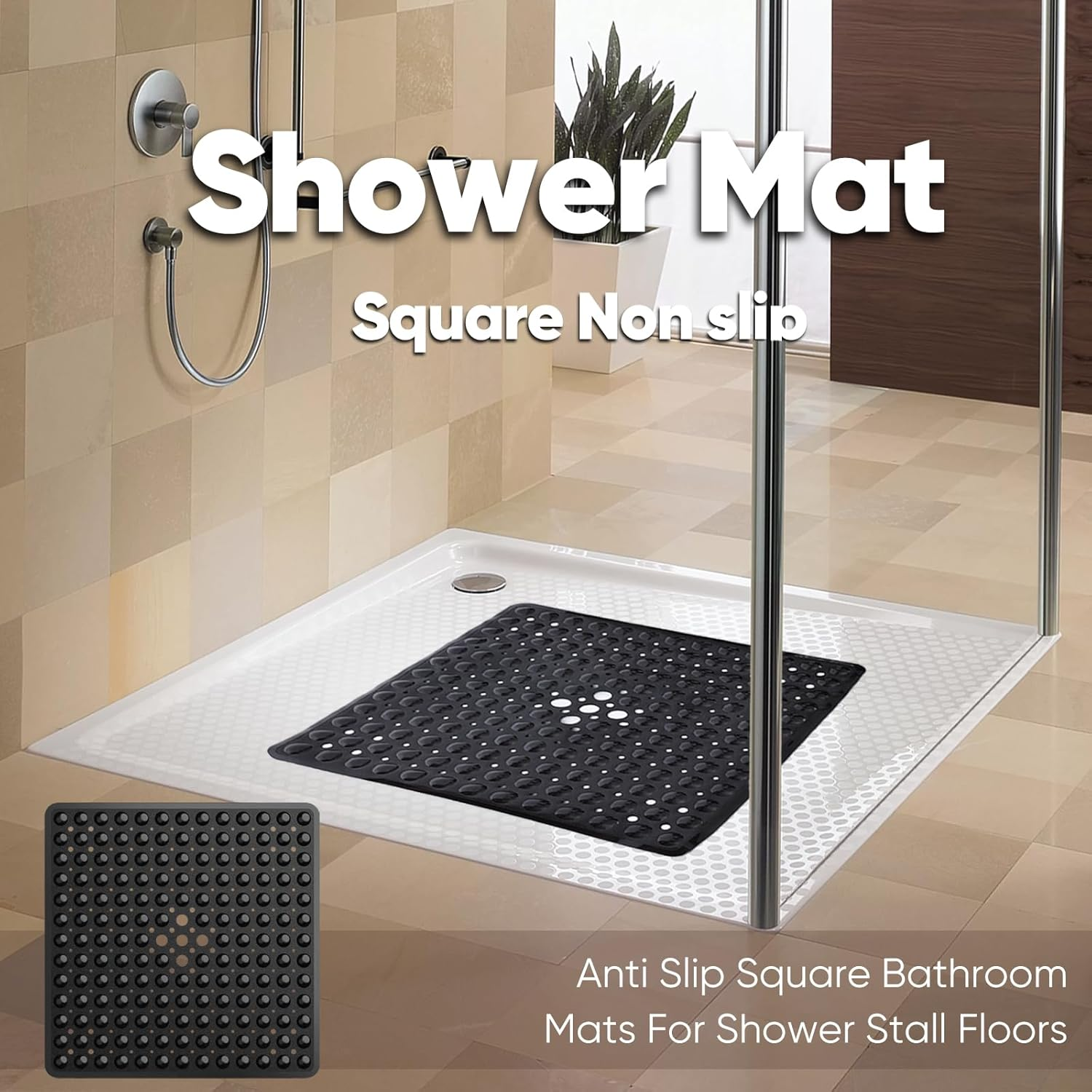 Square Shower Mat Non Slip anti Mould - 53 X 53Cm/21 X 21Inch anti Slip Shower Mat with Suction Cup, Antibacterial Rubber Bathtub Mat with Drain Holes, Machine Washable (Grey) - Black image number 2