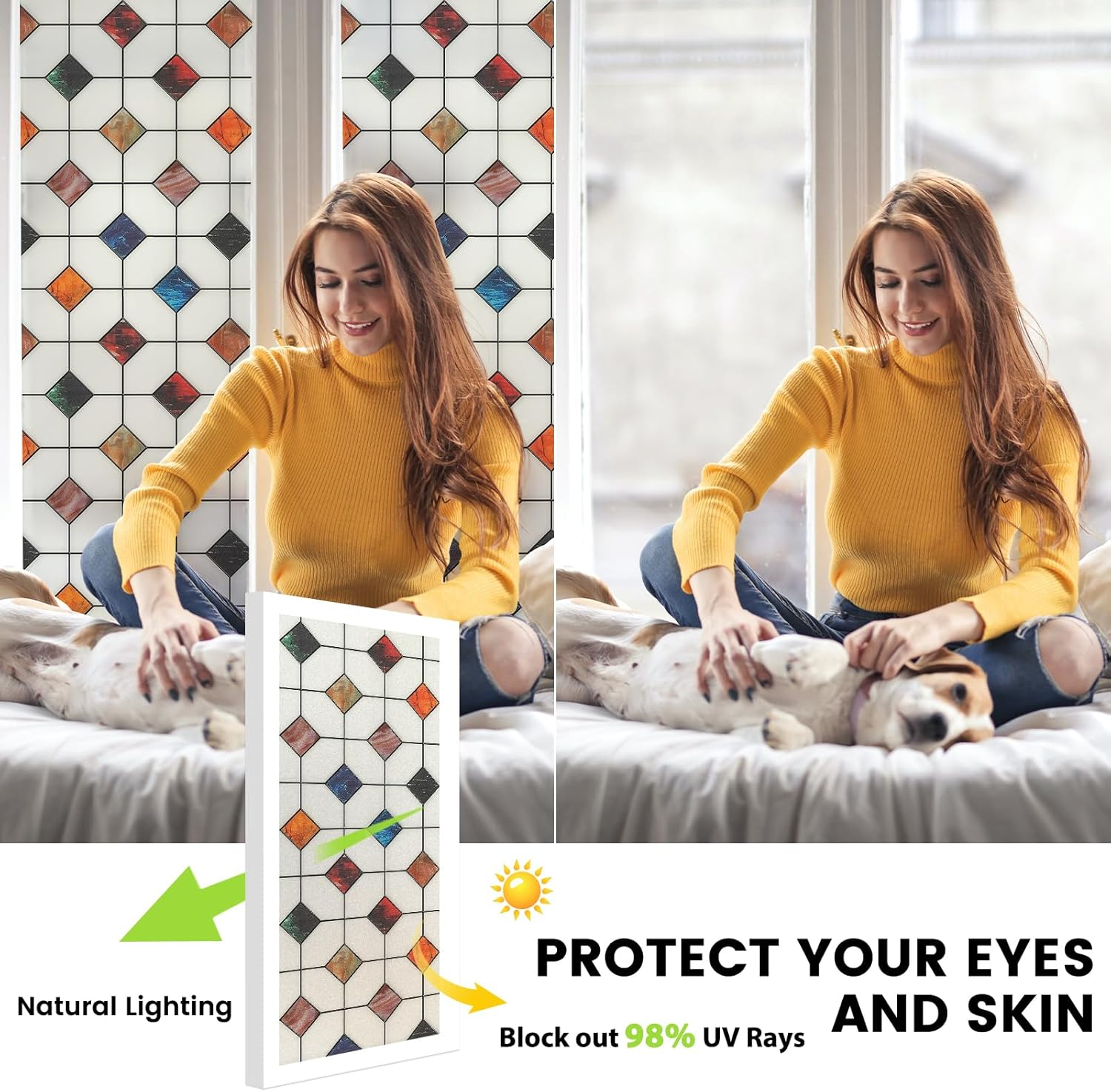 DKTIE Stained Glass Window Film Geometric Patterns, Fine Frosted Window Clings for Glass Windows, Waterproof for Bathroom Window Privacy Film Day and Night (S533, 35.4In X 118.1In) image number 5