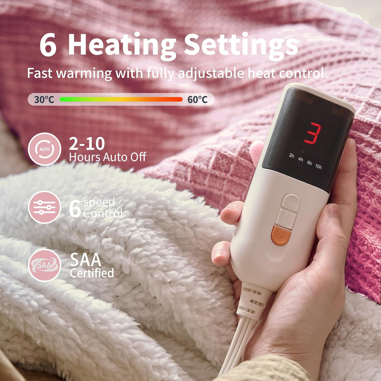 Heated Blanket Electric Blanket 150X200Cm- Electric Throw with 6 Heat Settings&2-10 Hours Auto off Heating Blanket,Saa Certified,Machine Washable (Rose) image number 2
