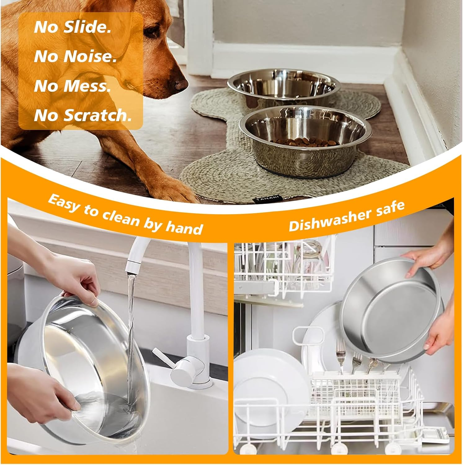 2 Pack Stainless Steel Dog Bowl Food Grade Metal Pet Bowls with Non-Slip Base, Rustproof & Chew-Proof Dog Bowl for Small/Medium Dogs, Dishwasher Safe Indoor/Outdoor Feeding Bowls Grey (14CM) image number 3