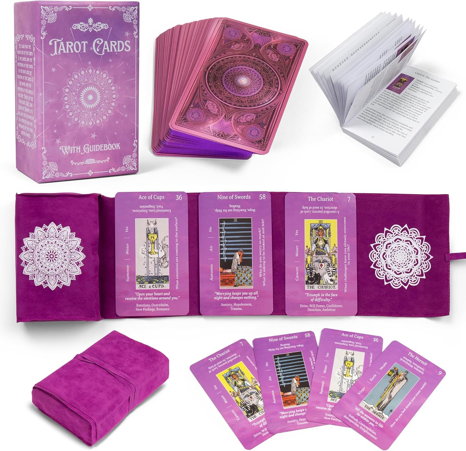 Tarot Cards with Guidebook & Pouch | 78 Cards | Purple & Pink Designs | Perfect for Beginners & Experienced Practitioners image number 1