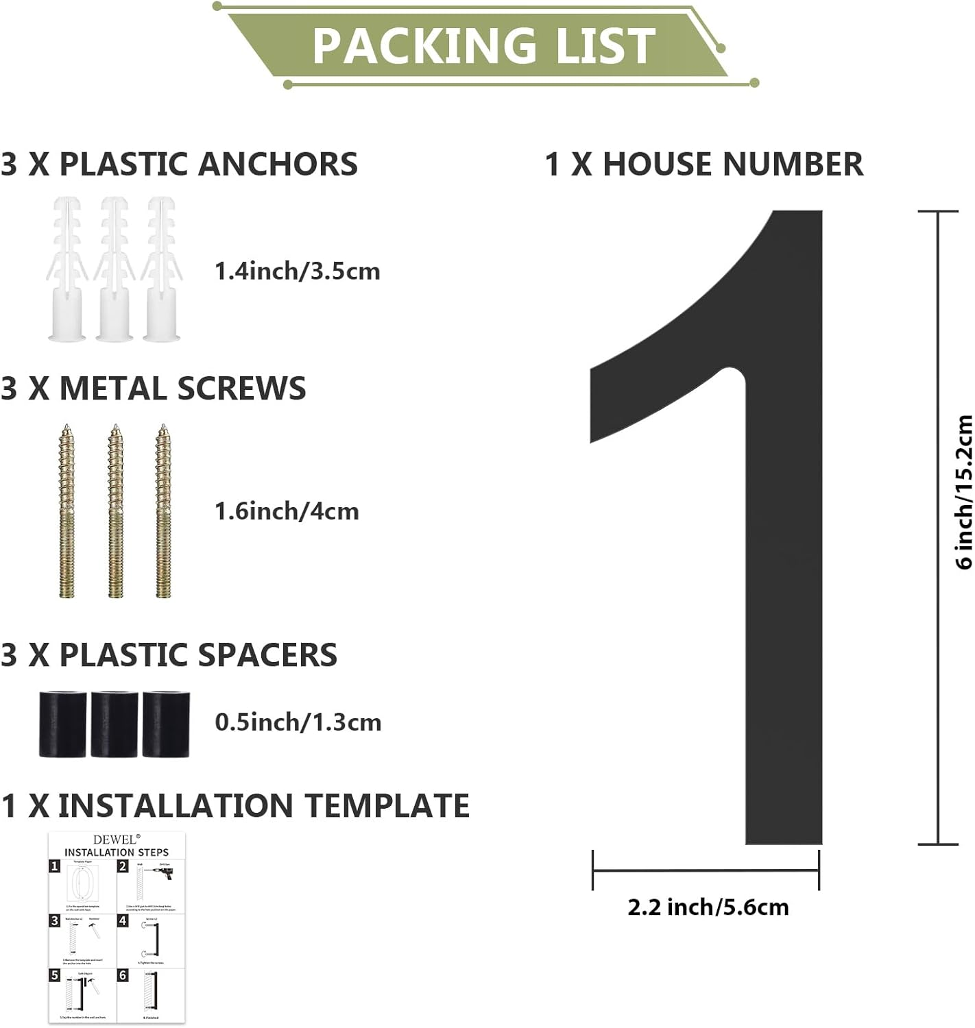 DEWEL House Numbers for Outside, 6 Inch Modern Floating Address Numbers for Farmhouse, Street, Front Door, Weatherproof, Easy to Install with Template (Black House Number 1) - Black No.1 image number 2