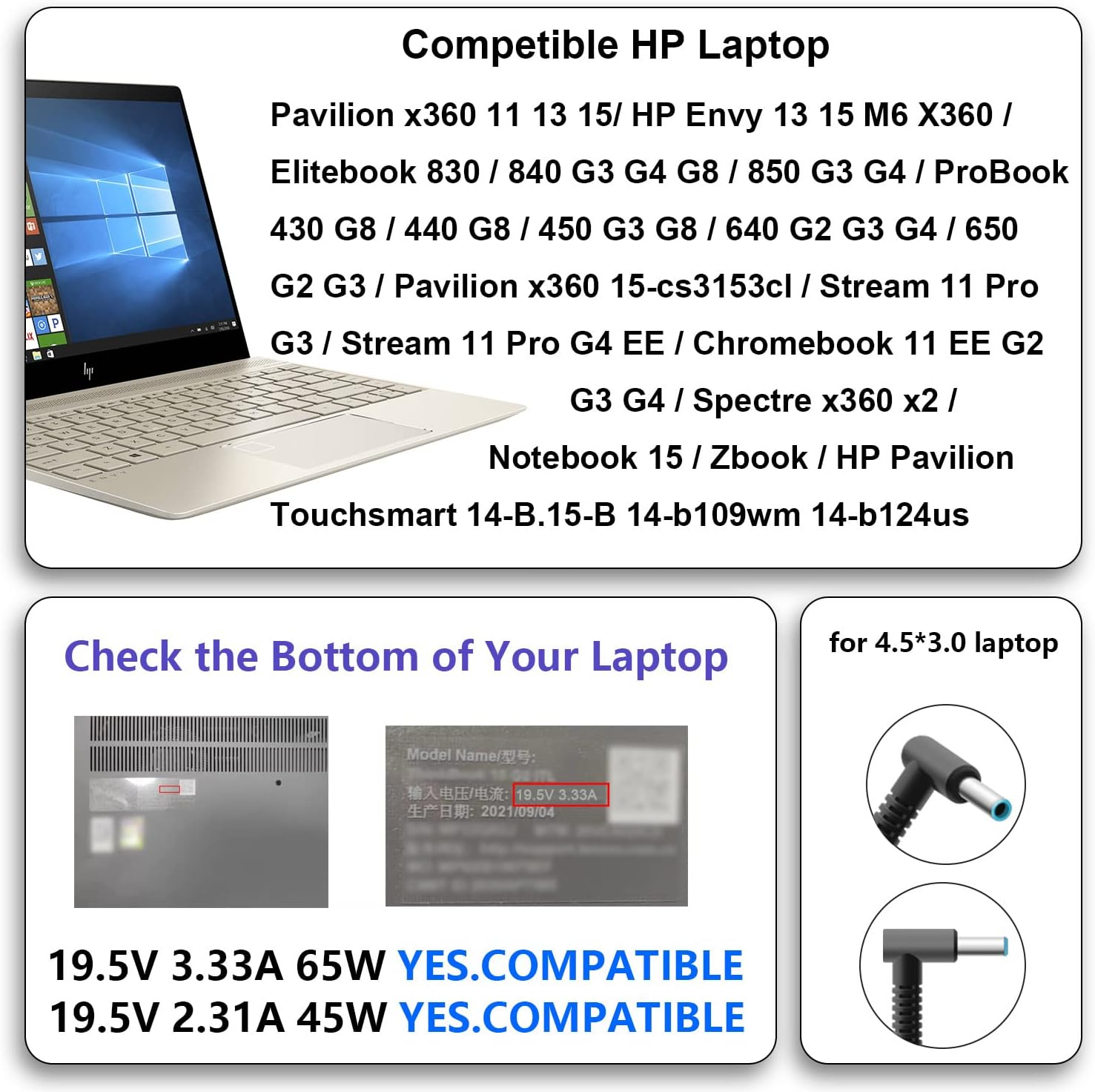 65W Laptop Charger for HP Pavilion X360 11 13 14 15 17, Elitebook 840 850 G5, Probook 450 G8 G9 640 650 G5, Zbook 14U G4, Envy Smart 19.5V 3.33A Blue Tip Power Adapter Supply Cord image number 4