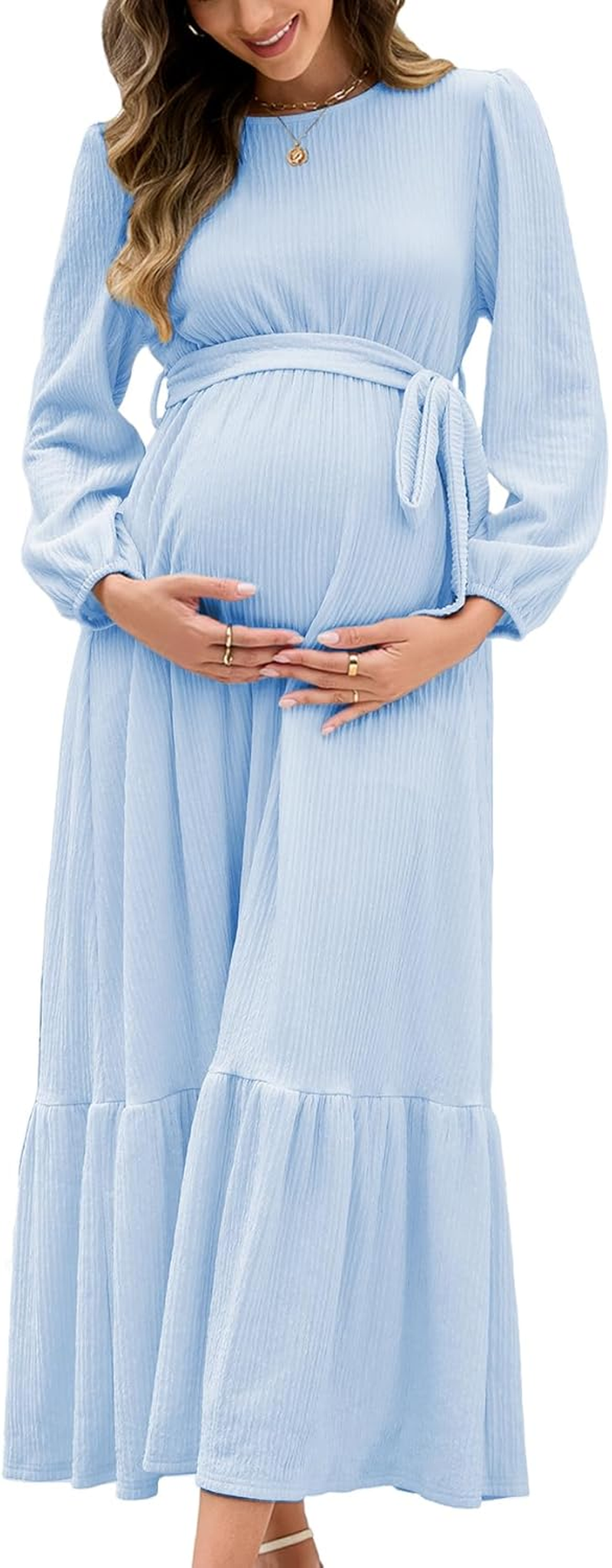 Women'S Maternity Maxi Dress with Belt Long Sleeve Crew Neck Pregnancy Dresses with Pockets Baby Shower Photoshoot