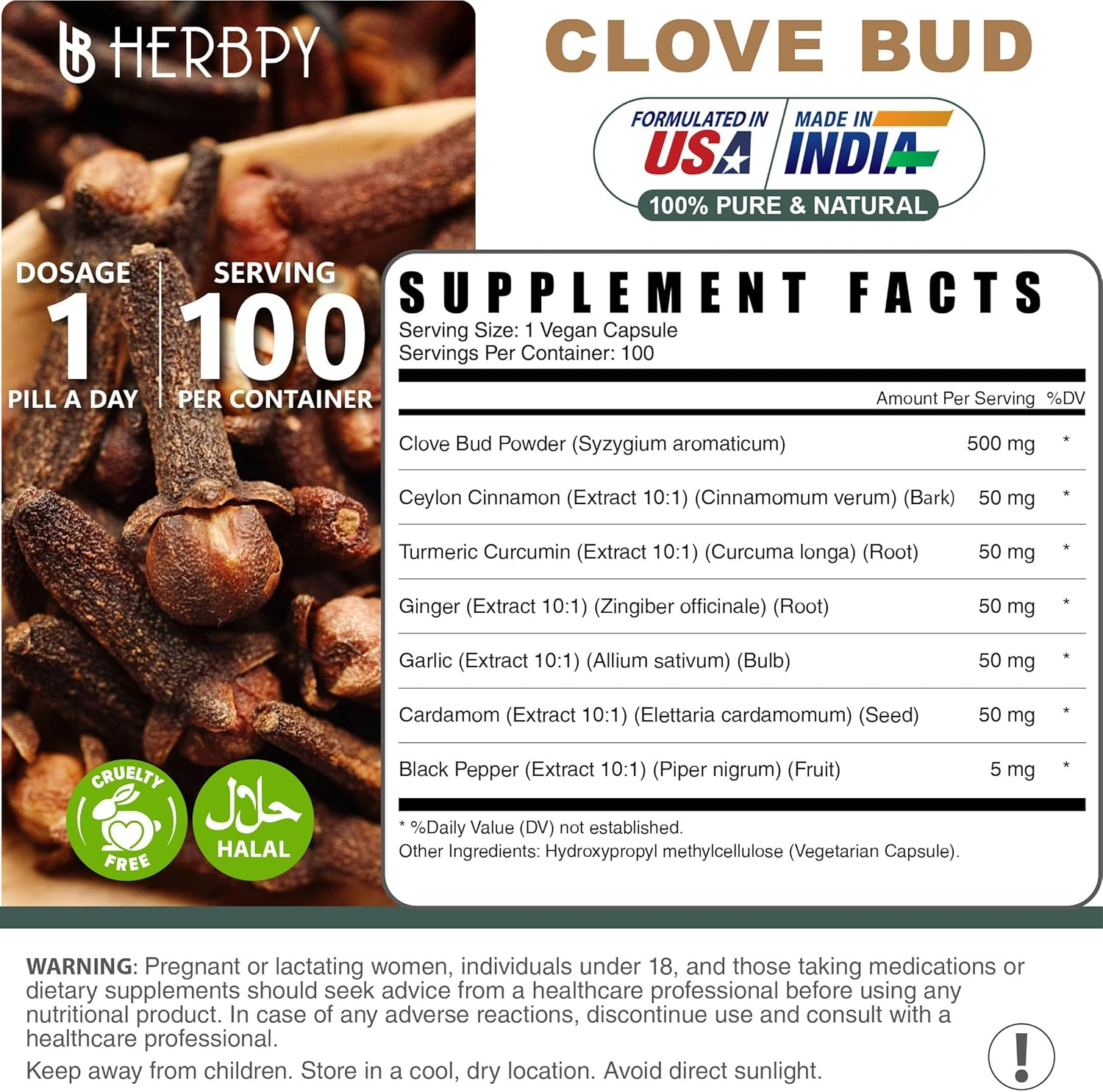 7In1 Clove Supplement Rich in Vitamins & Minerals Supports Digestion, Immune & Heart Health with Cinnamon, Turmeric, Ginger, Cardamom, Garlic & Black Pepper - 100 Vegan Capsules image number 3