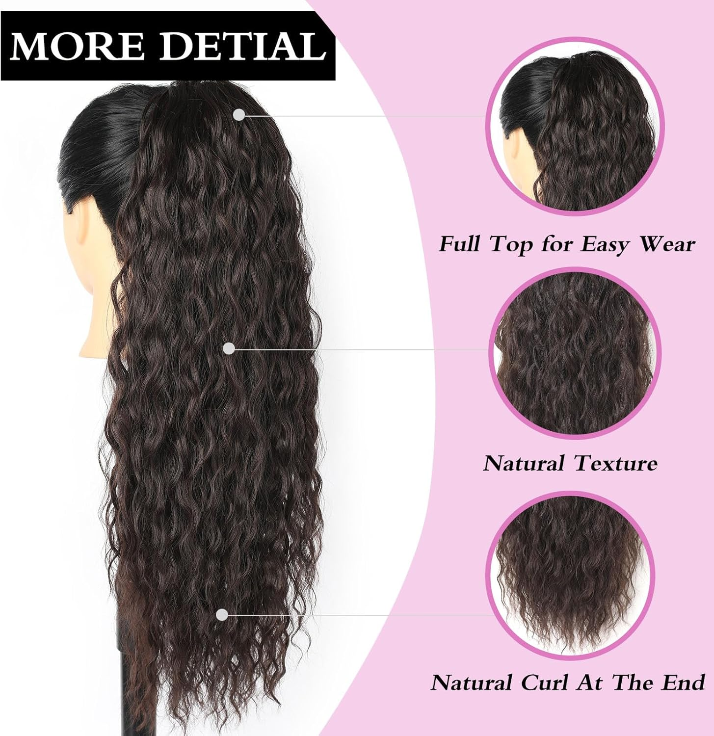 Samtress 24 Inch Drawstring Ponytail Hair Extensions for Women Dark Brown Long Curly Wavy Ponytail Synthetic Hairpiece for Daily Use (#Dark Brown) image number 5