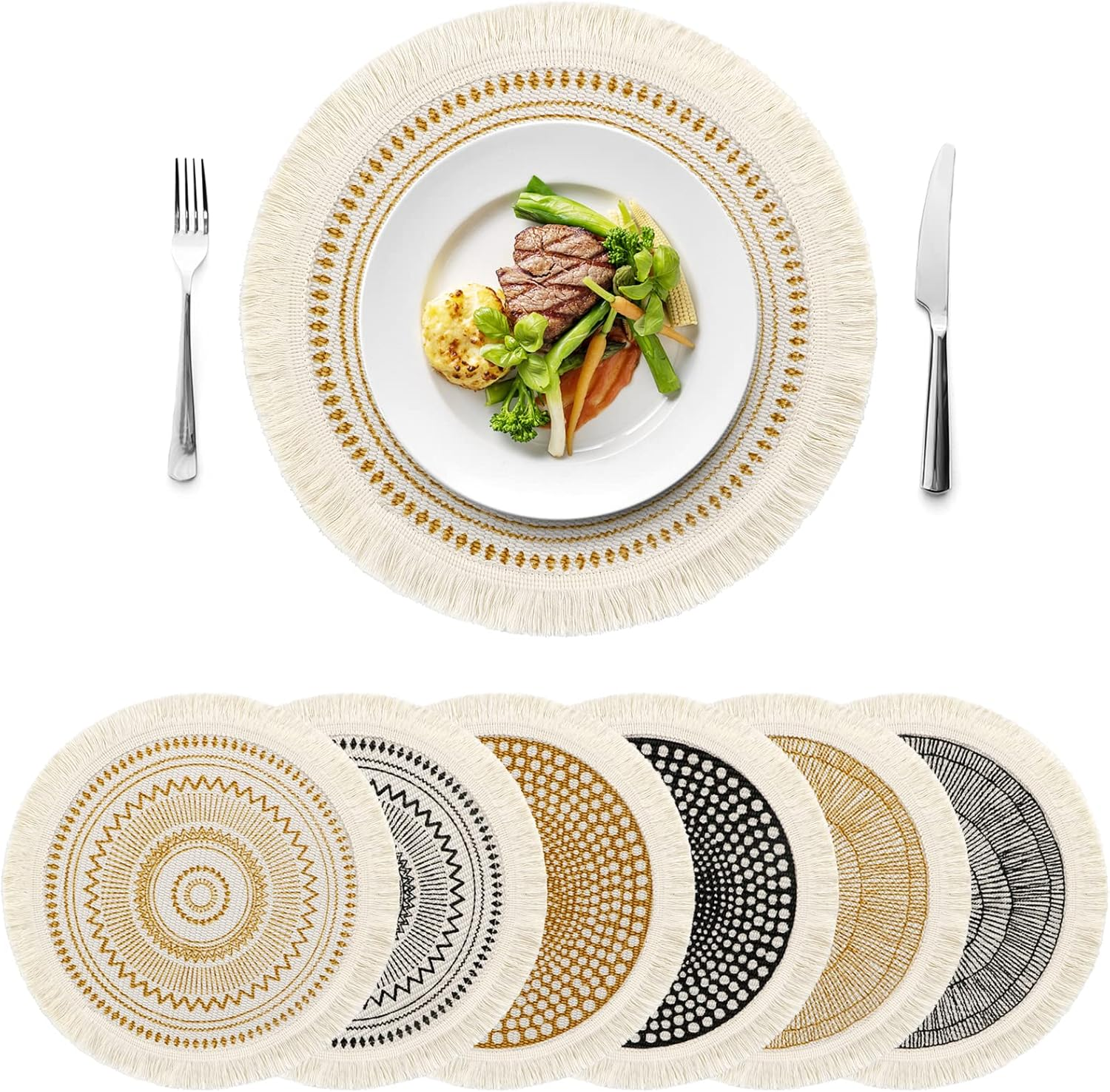 LOMOHOO Set of 6 round Placemats 13 Inch Table Mats Boho Cotton Woven Mandala Tassels Heat Proof Washable Circle Place Mat for Kitchen Dining Wedding Farmhouse Home Decoration image number 4