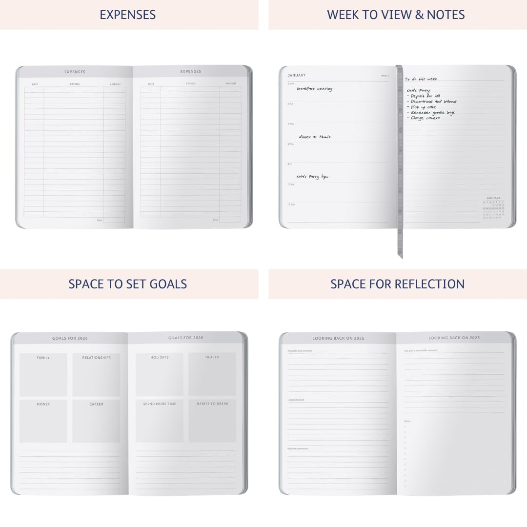 Busy B Everyday A5 Weekly Planner Diary 2026 - Compact Diary for Students, Teachers, Work & More with a Week-To-View Layout, Useful Planners, Notes Pages & Elastic Closure Band - Grey Planner Jan-Dec image number 2