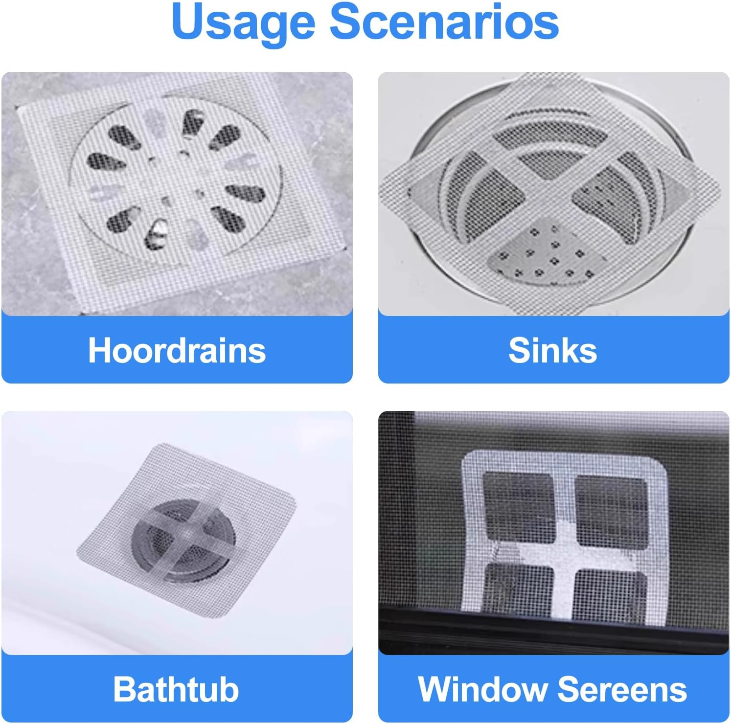 COCKLECREEK 100Pcs Drain Stickers Floor,Shower Drain Hair Catcher,4 Inch Square Bath Tub Drain Strainer,For Bathtub Drain Cover for Kitchen Bathroom,Screen Window,Etc image number 4