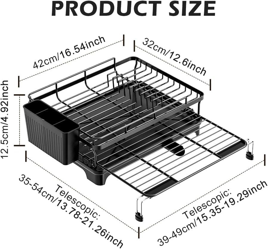 Dish Drying Rack, Extendable Carbon Steel Drying Rack with Cutlery Holder for Kitchen Sink Counter Storage, 49 X 54 X 12.5Cm