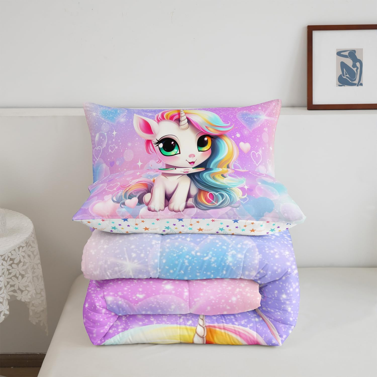 Manfei Cute Unicorn Comforter Set King Size, Pink Blue Glitter Princess Bedding Set 3Pcs, Girls Woman Bedroom Decor, Cartoon Kawaii down Comforter for Kids, Girly Dreamy Duvet Insert, 2 Pillowcases image number 3